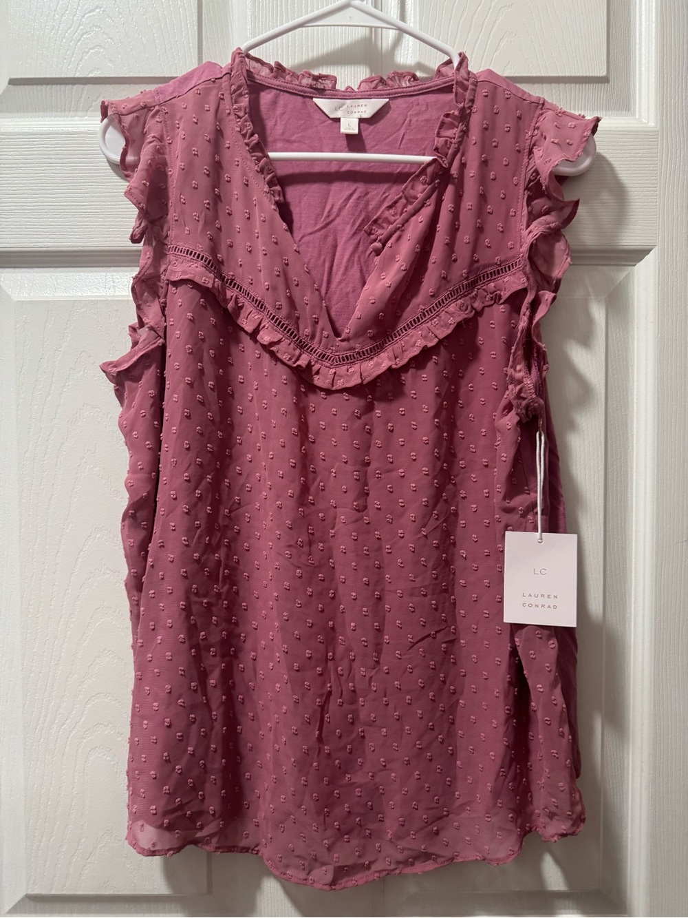 LC Lauren Conrad Dusty Rose Ruffled Swiss Dot Sleeveless Blouse